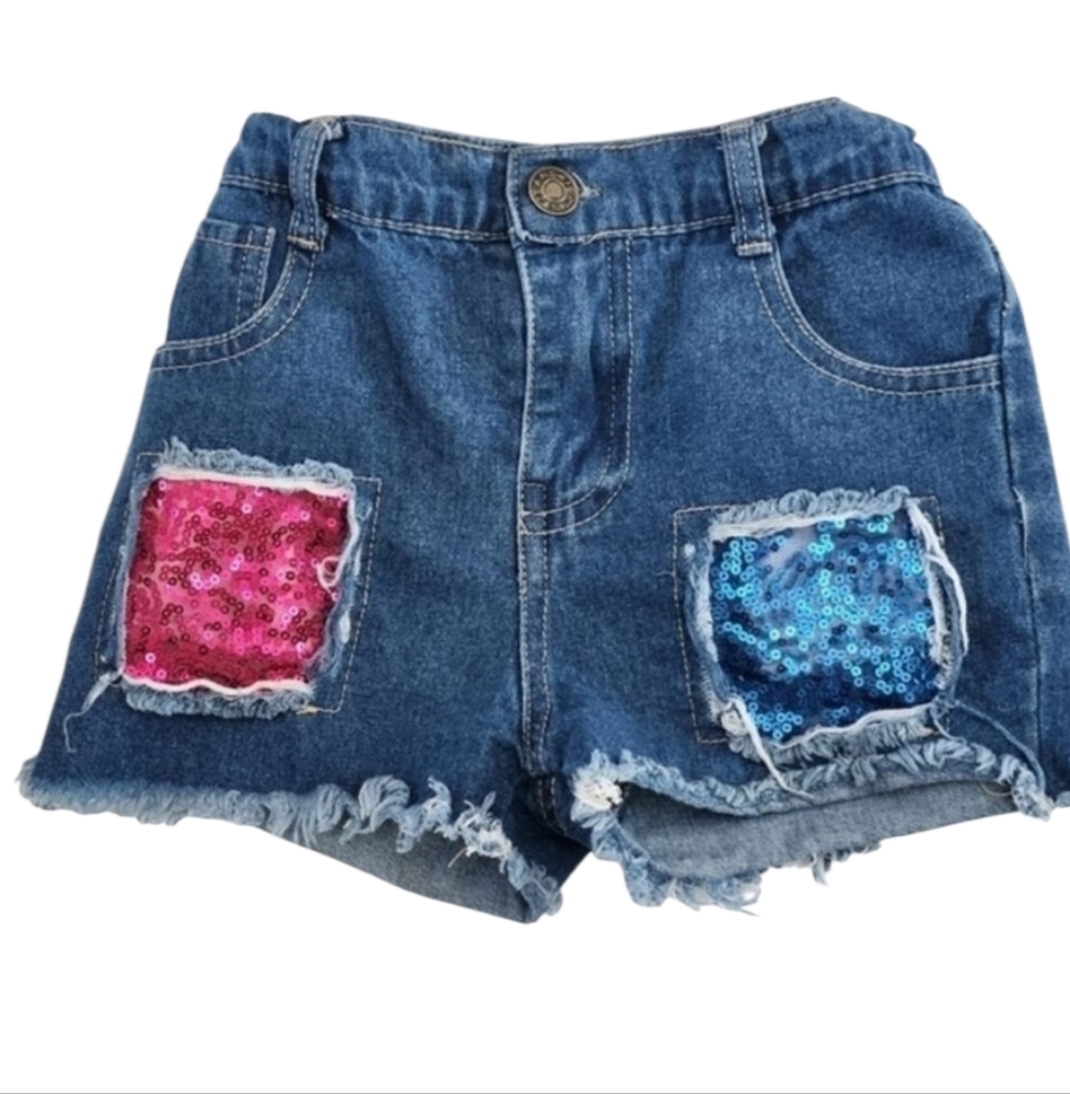 Distressed‎ Baby Girls Toddlers Denim Shorts with Patched Sequins Fushia & Blue